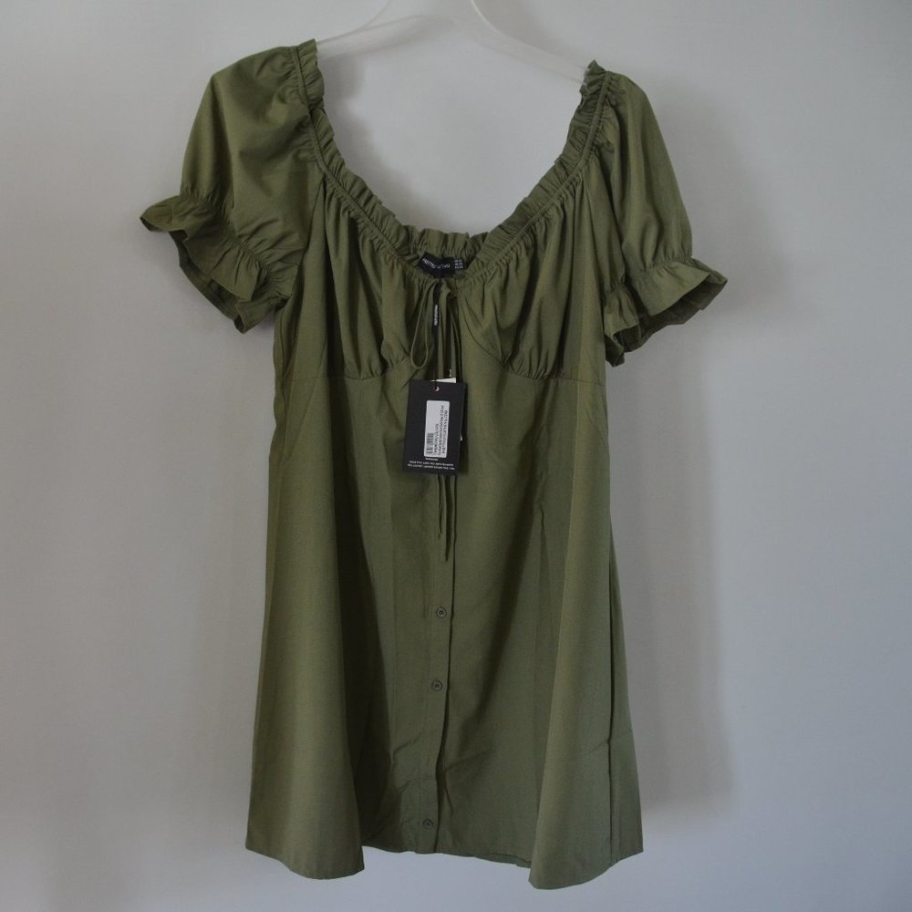 PrettyLittlething Plus Khaki Bardot Button Front Shift Dress